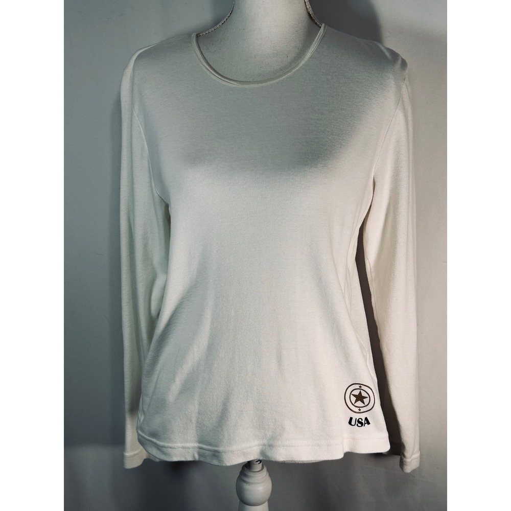 Carole Little Sport‎ Womens White Ribbed Long Sleeve USA Star Graphic Top Size L